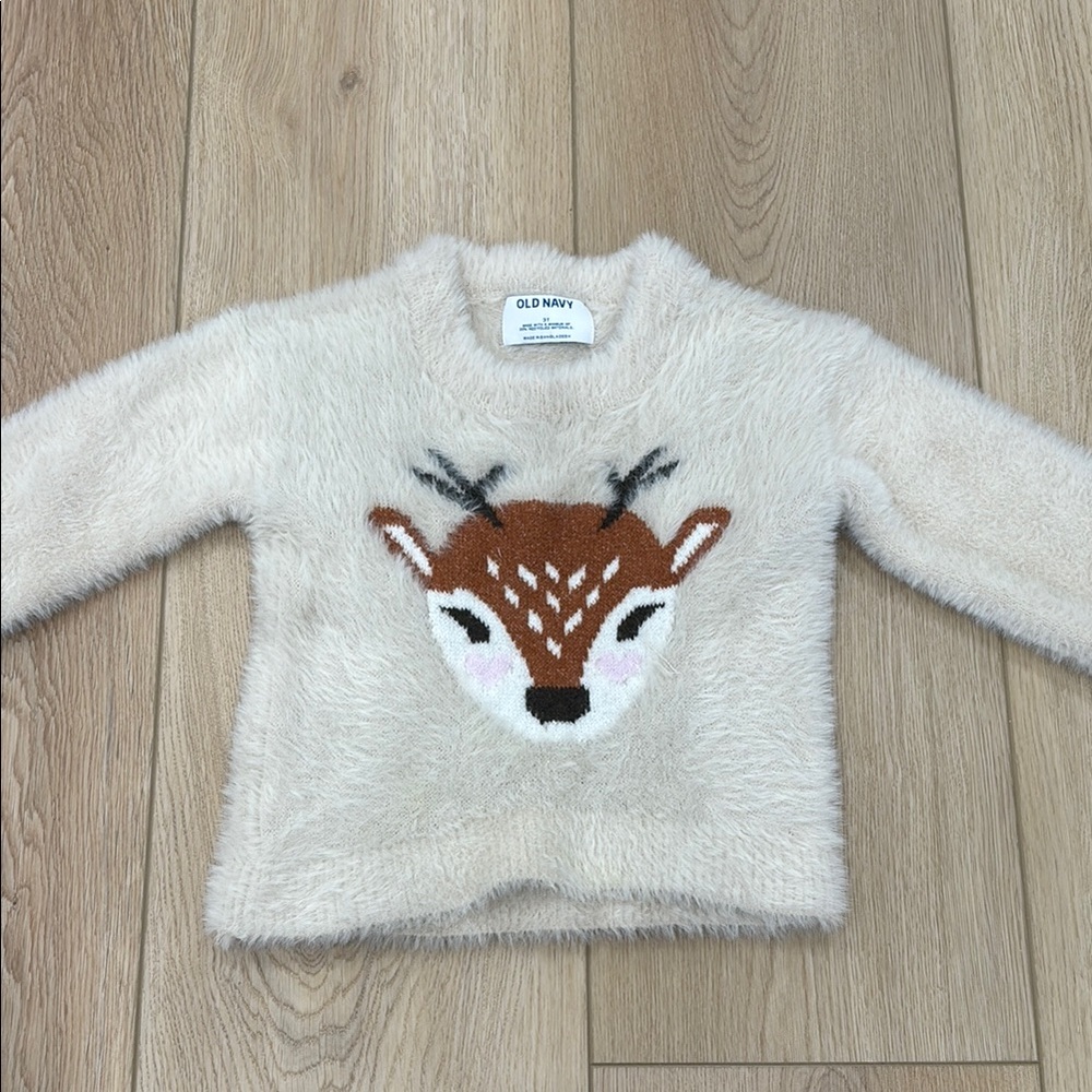 Old Navy Cream Fuzzy Sweater with Deer Motif
